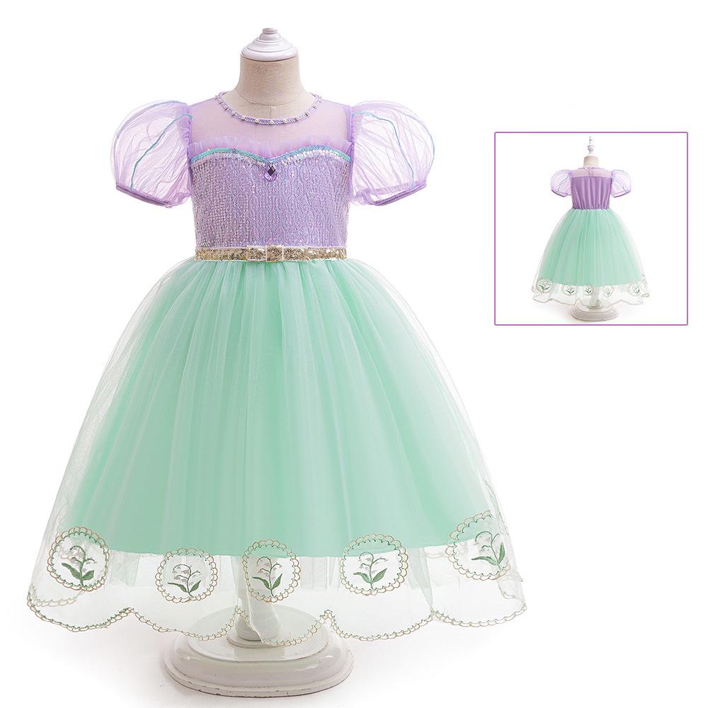 Girls' Mermaid Tulle Embroidered Princess Dress - Sequined Short-Sleeve Halloween Puffy Skirt