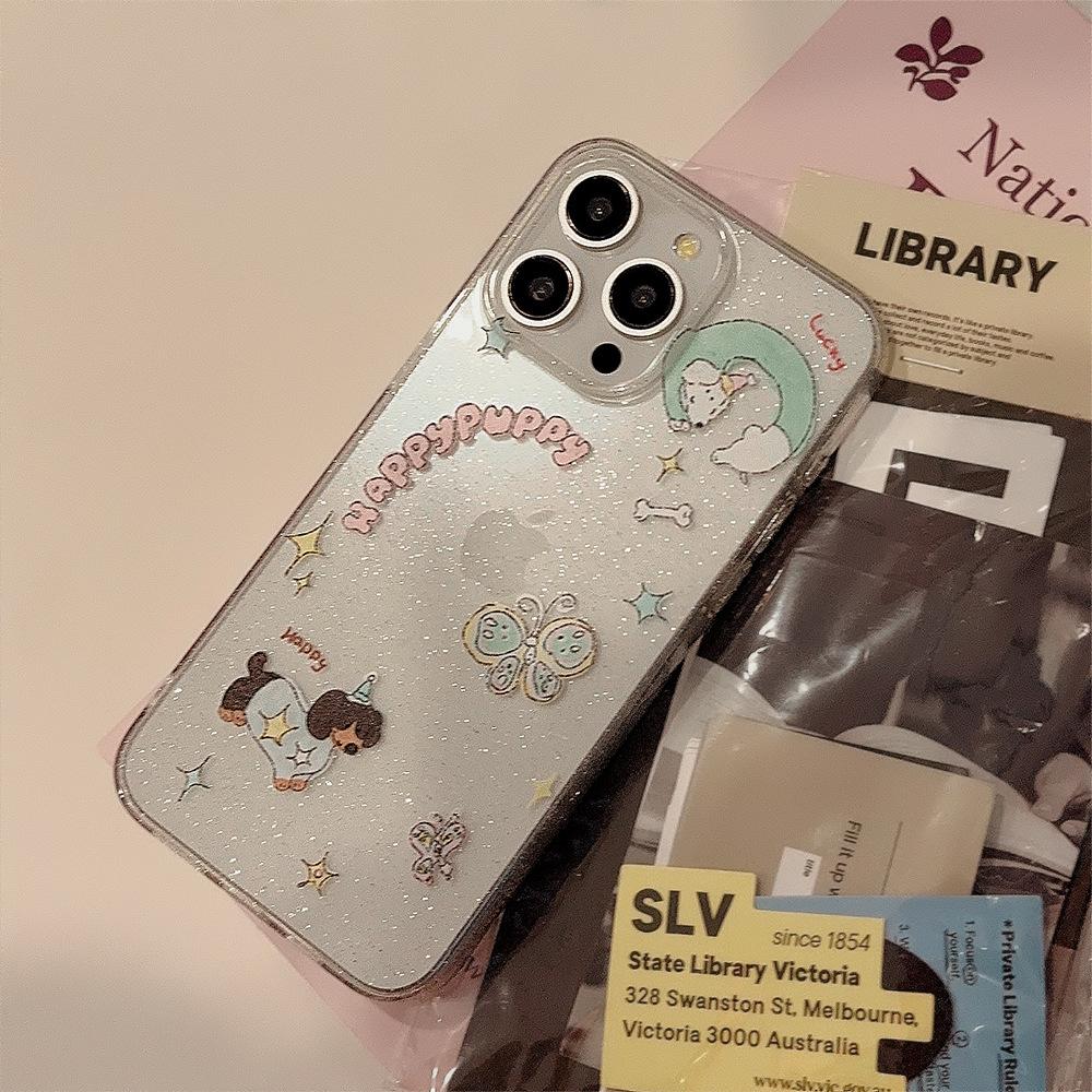 Japanese and Korean Ins Butterfly Dachshund Dog Stand Apple 16 Mobile Phone Case 15 Flash Powder Iphone14pro Max Suitable for 11