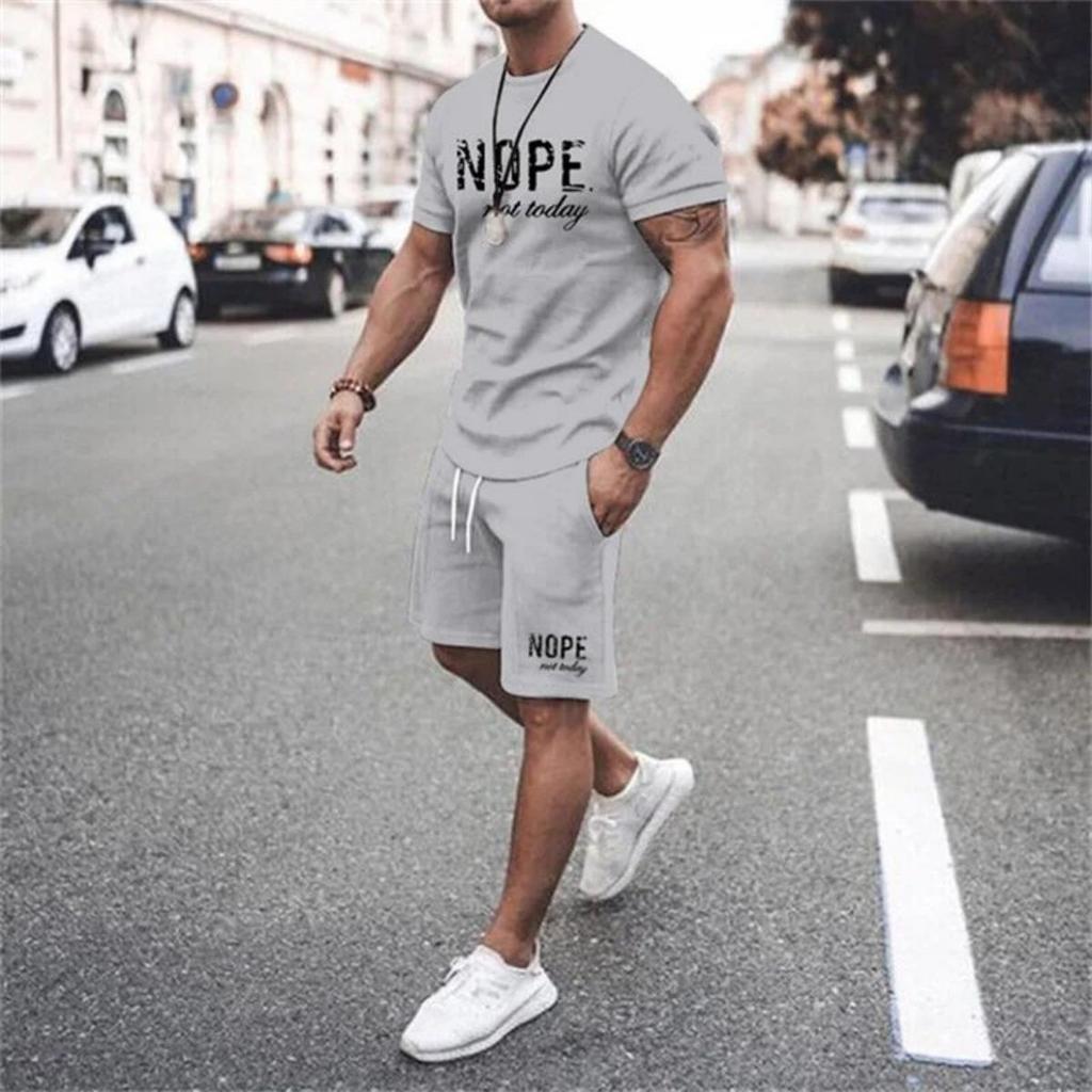 Men's Summer Letter Printed Breathable Round Neck T-shirt Shorts Set Outdoor Quick Drying Casual Clothing