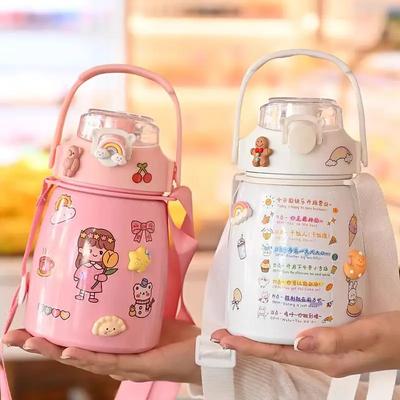 900ml Termos Kupa Su Şişesi Büyük Kapasiteli vakumlu şişe Bardak Pipet Outdoor Spor Öğrenci Çift Kupası İçecek Kabı Paslanmaz Çelik