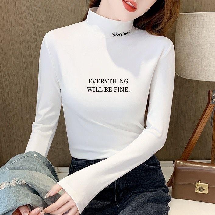 

Немецкий бархат Полувысокий воротник Принтованная базовая рубашка Женская Осень и Зима Плюс бархат С длинным рукавом Футболка Облегающий Теплый Топ XS белый