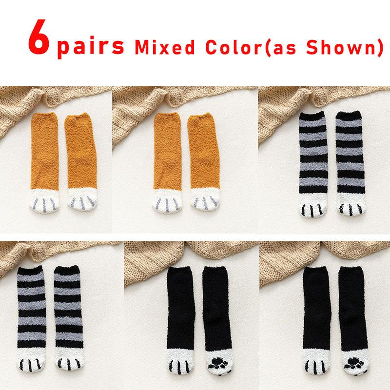 6 Pairs Woman Socks Set Cartoon Cute 3D Dog Cat Paw Pattern Winter Female Fleece Warm Home Floor Sleeping Thick Socks