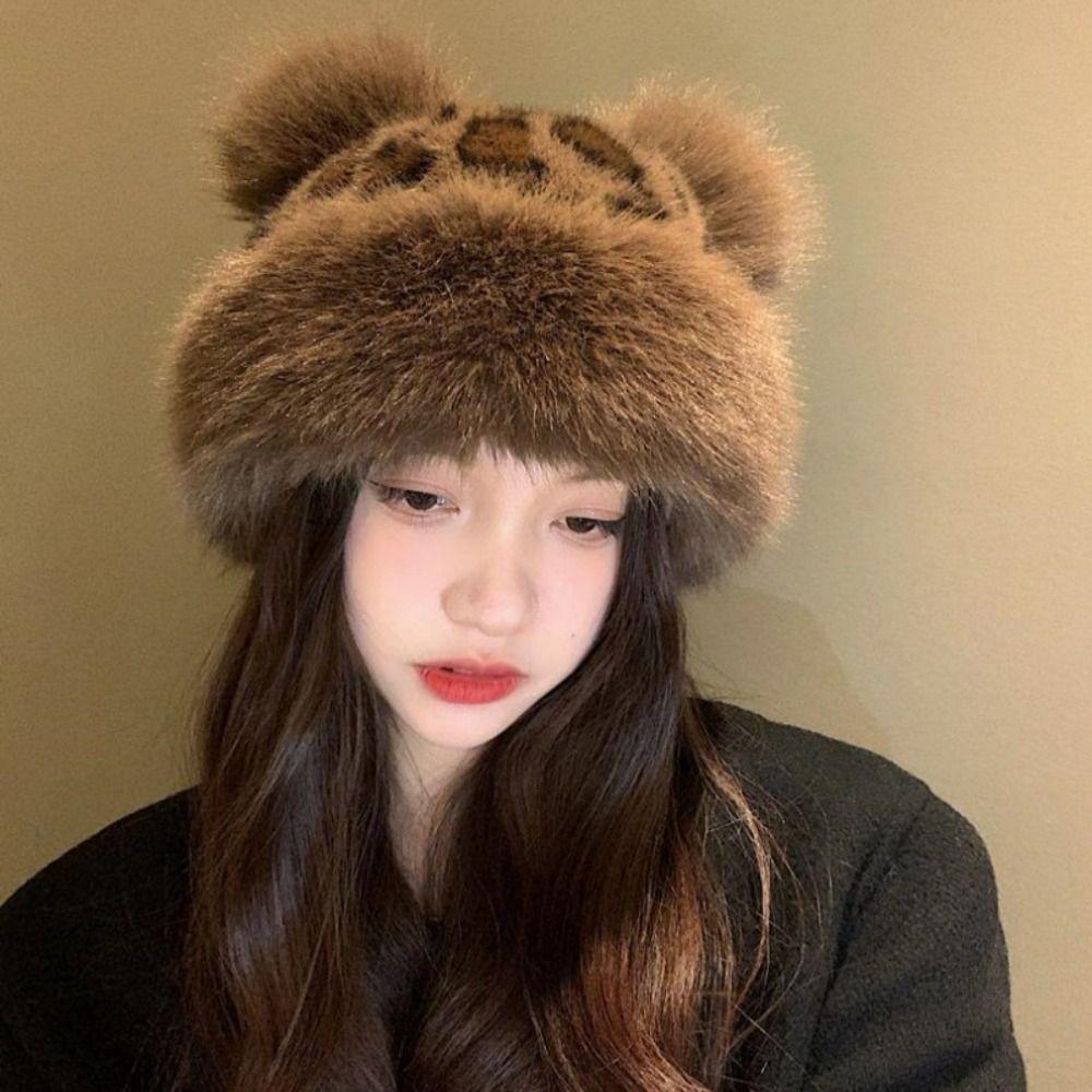 Brimless Leopard Print Bucket Hat Korean Style Fluffy Warm Hat Fashion Plush Mongolian Hat Women