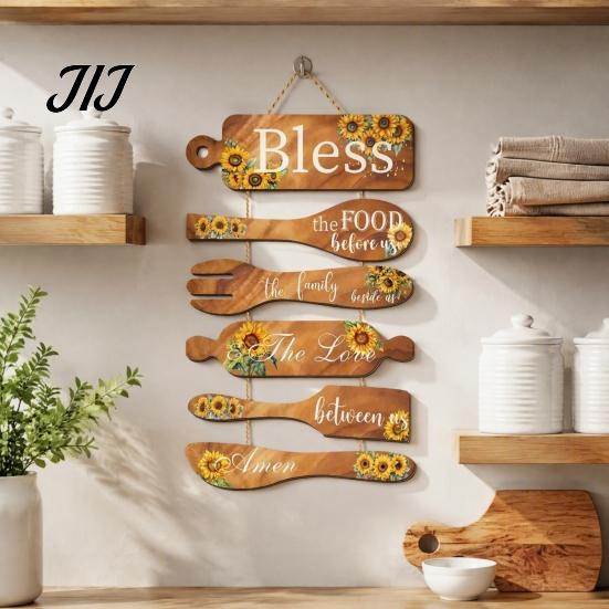 Distressed Kitchen Wall Art Rustic Wooden Hanging Sign for Decor, Cutlery Design Dining Room with Inspirational Family Slogan & Lanyard Farmhouse Home
