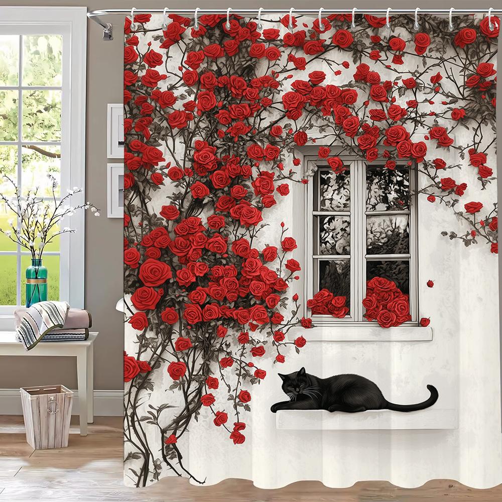Moderner Duschvorhang mit roten Rosen und schwarzer Katze, Dekorativer Badezimmer-Vorhang aus Polyester mit Blumendruck, Heimvorhang mit Haken