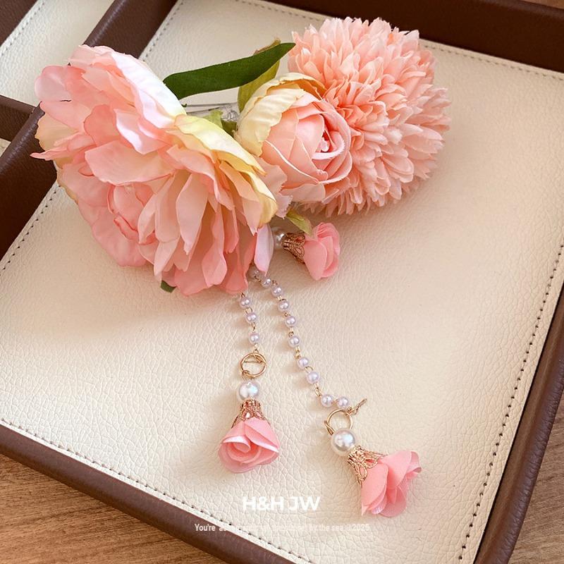 Bohemian Artificial Peony Flower Hair Clips Women French Imitation Pearl Long Chain Tassel Hair Accessories Vacation Party K1