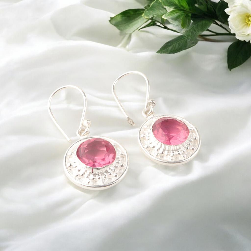 Beautiful Pink Tourmaline 925 Sterling Silver Handmade Designer Earrings 1.5" EE-153-12