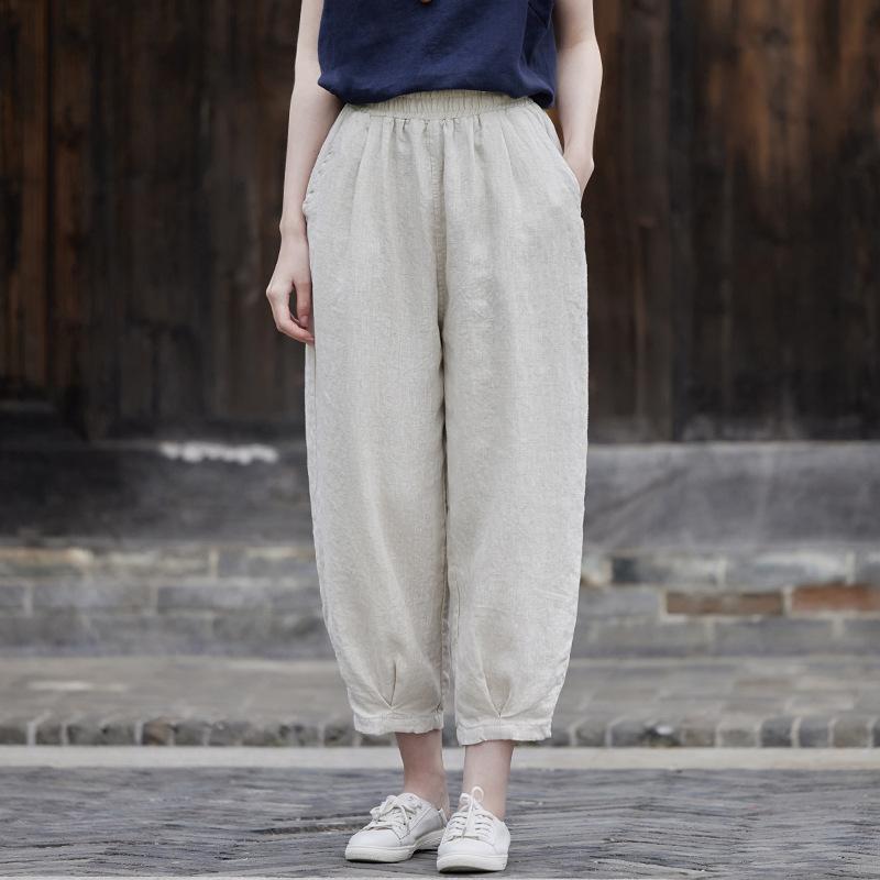 Johnature Women Cotton Linen Solid Color Straight Pants Elastic Waist Pockets Autumn Casual Pants Soft Fall Trouser