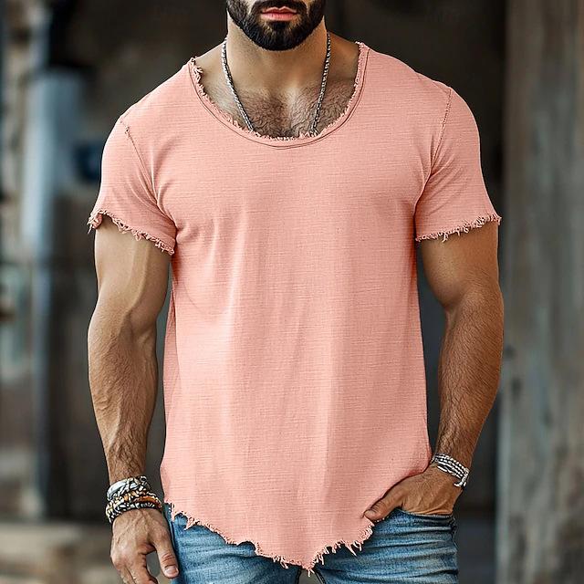 Mens Solid Color Frayed Hem Slim Fit Short Sleeve T Shirt
