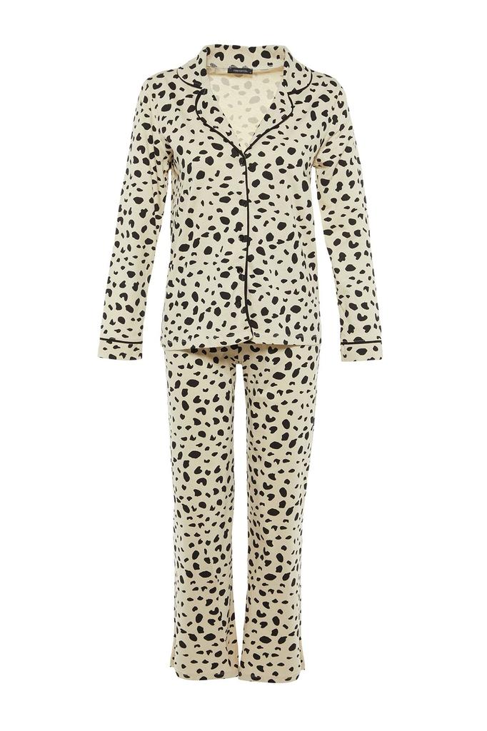 Women's Fashion Beige 100% Cotton Animal Patterned Shirt-Pants Knitted Pajama Set