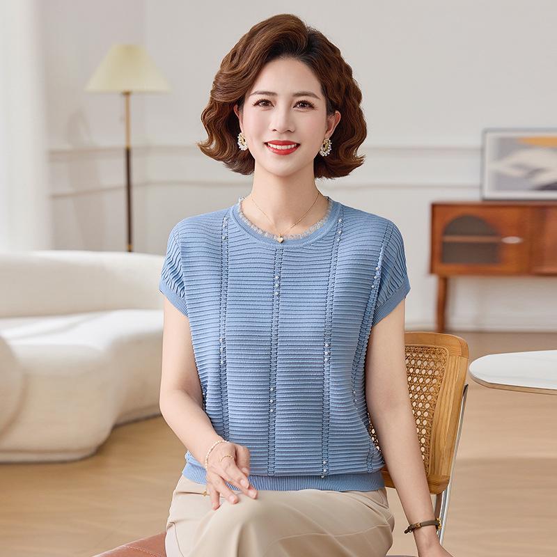 Stylish Knit Top: Women's Short-Sleeved Summer Shirt, Elegant and Versatile for Mothers and Seniors