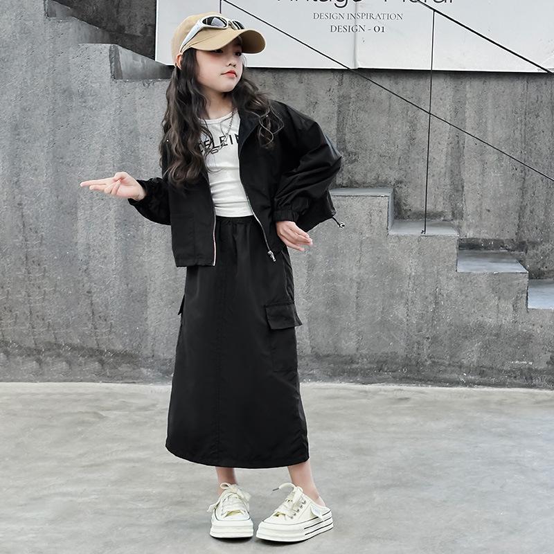 

Модная осенняя детская повседневная куртка с длинными рукавами и юбка для девочек в корейском стиле из двух частей 160 чёрный