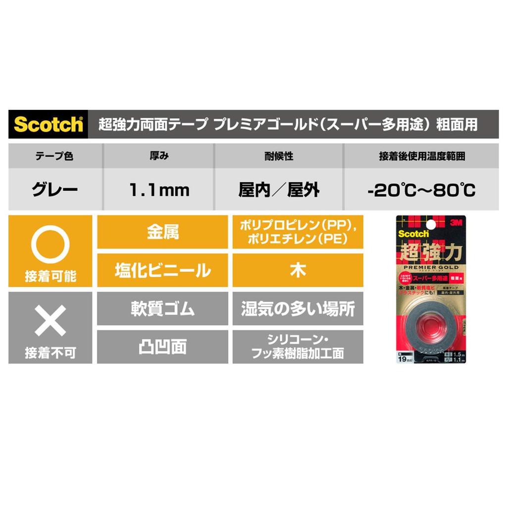 3M Scotch Super Strong Premier Gold for Rough 19mm x Double-Sided Tape, (Super Multi-Purpose), Surfaces, 4m, SPR-19