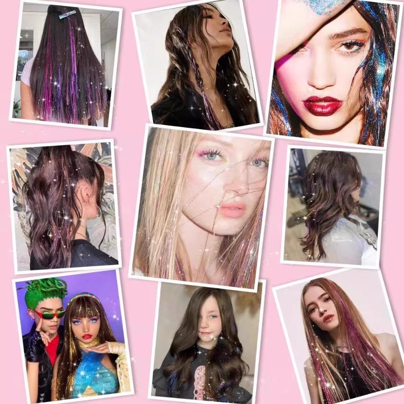 12pcs Colorful Shiny Synthetic Sparkling Tinsel Hair Extensions for Women Braiding Tools BB Clip Wig Concert Hair Accessories