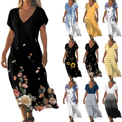 Fashion Women's Summer V-Neck Short Sleeve Floral Print Beach Dress
