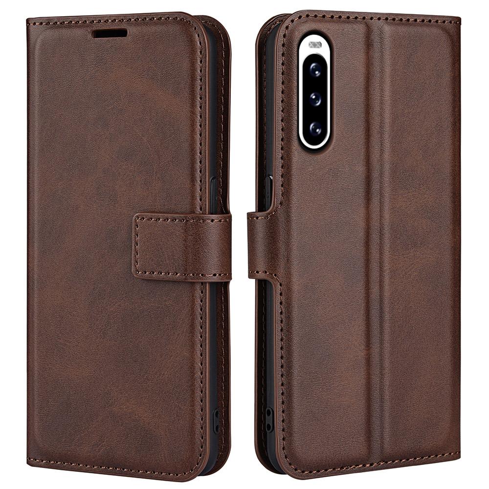 

Leather Cell Phone Case For Sony Xperia 10 V,Wallet Square Magnetic Clasp Calf Texture Stand Phone Cover Brown