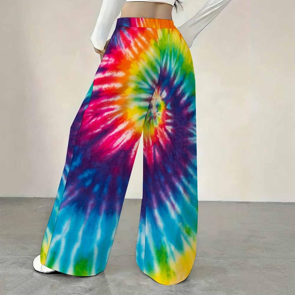 Women Multicolor Spiral Print Wide Leg Pants Elastic Waist Drawstring Loose Fit Summer Casual Beach Resort Long Trousers Stree