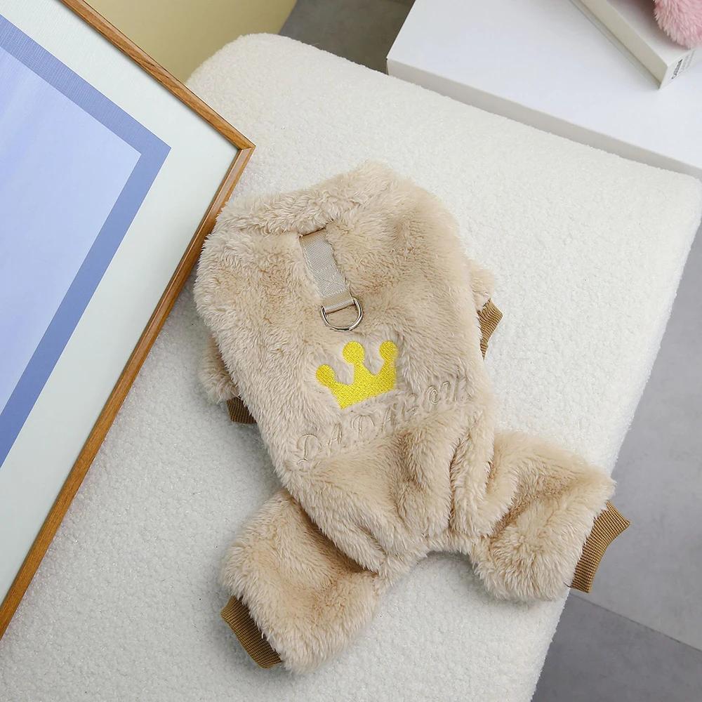 Fleece Dog Pajamas for Small Dogs Pet Pullover Pyjamas with Embroidery Crown Soft Winter Chihuahua Jumpsuit Yorkie Cat Clothes