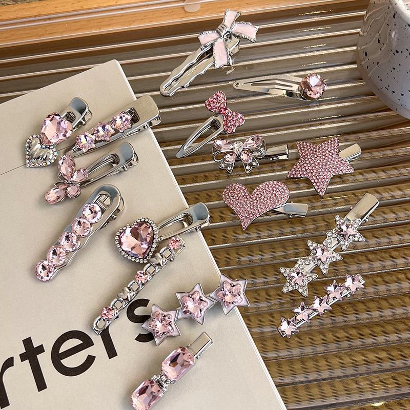 Fashion Luxury Crystal Hairpins Vintage Heart Pink Rhinestone Silver Hair Clips For Women Girls Sweet Barrettes Hair Accessories