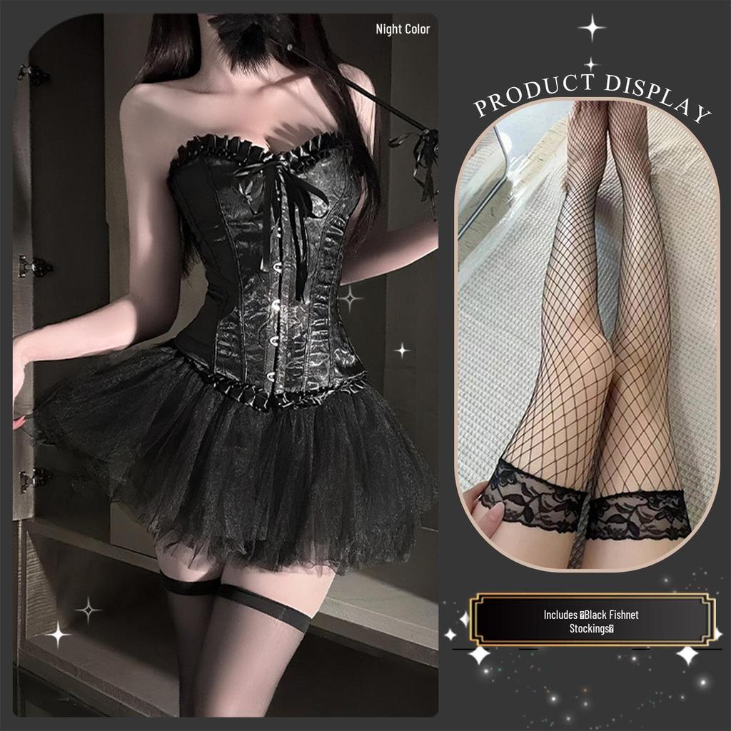 Golden Night Fairy Lingerie: Sexy Transparent Strapless Bustier with Slimming Lace-up Corset and Puffy Skirt