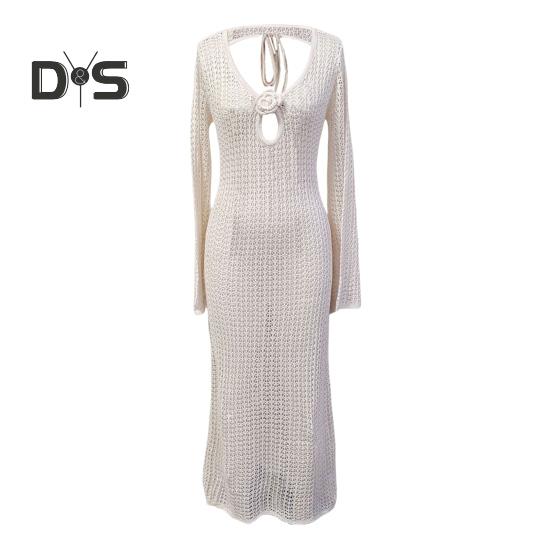 Damen Strandkleid Aushöhlen Gestrickt Rückenfrei Schnürriemen V-Ausschnitt Lockerer Kittel Überzug Langarm Sonnenschutz Lady Bikini Badeanzug Beachwear