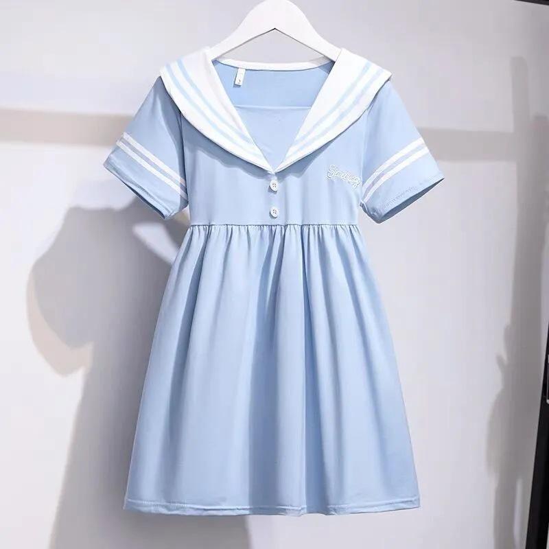 

Летнее платье с темно-синим воротником для девочек - платье принцессы в корейском стиле для детей, средних и больших размеров 170 cm синий