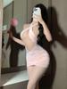 Pink Tank Mini Dress Tank Tops  New Slim Korean Top Uniform Hip Hugging Nightgown Dress Elegant Thin Sheer V Neck  LFO8