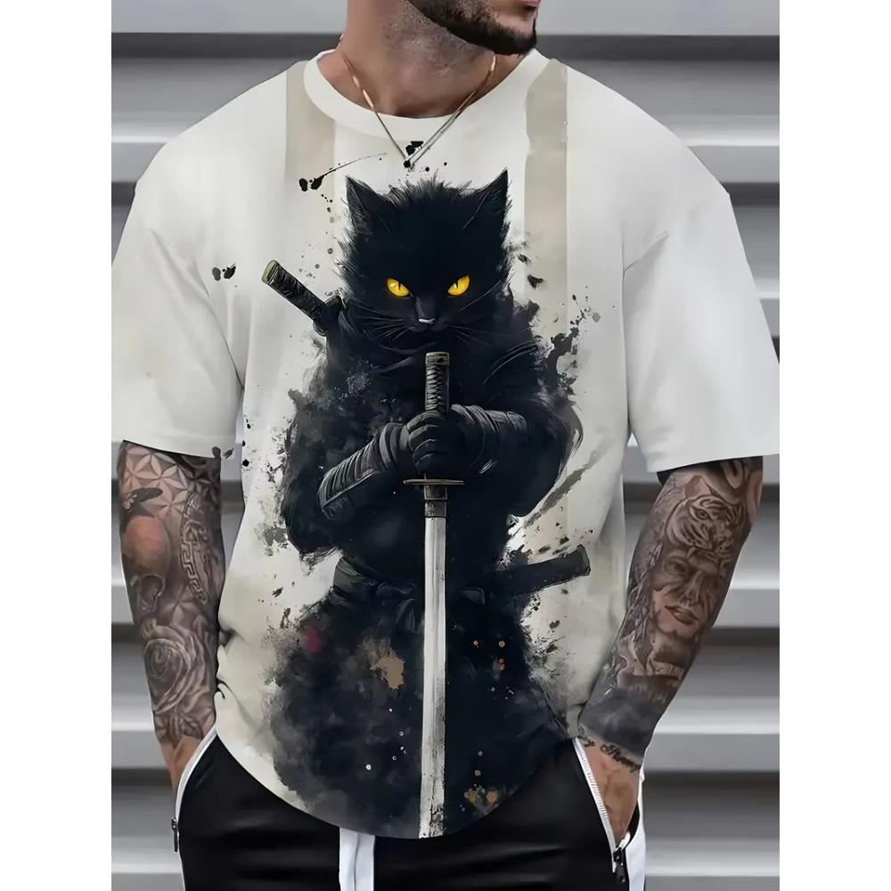 Japan Style Men's T-shirts 3D Samurai Cat Theme Print Short Sleeve T Shirts Fashion Men Women Crew Neck Tops Summer Clothing