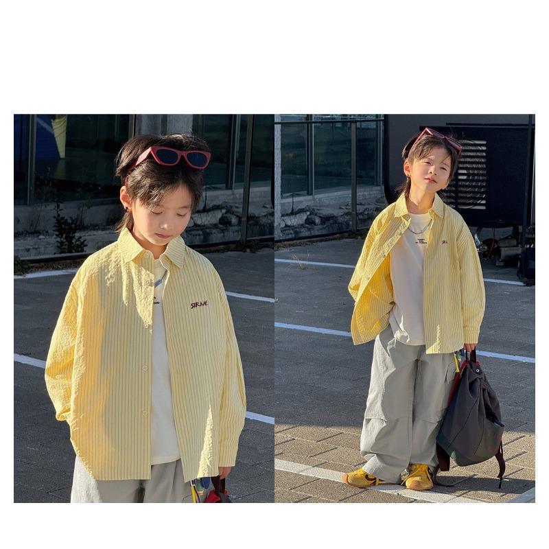 Boys Casual Long Sleeve Embroidered Stripe Shirt Big Kids Children Spring Autumn Clothing