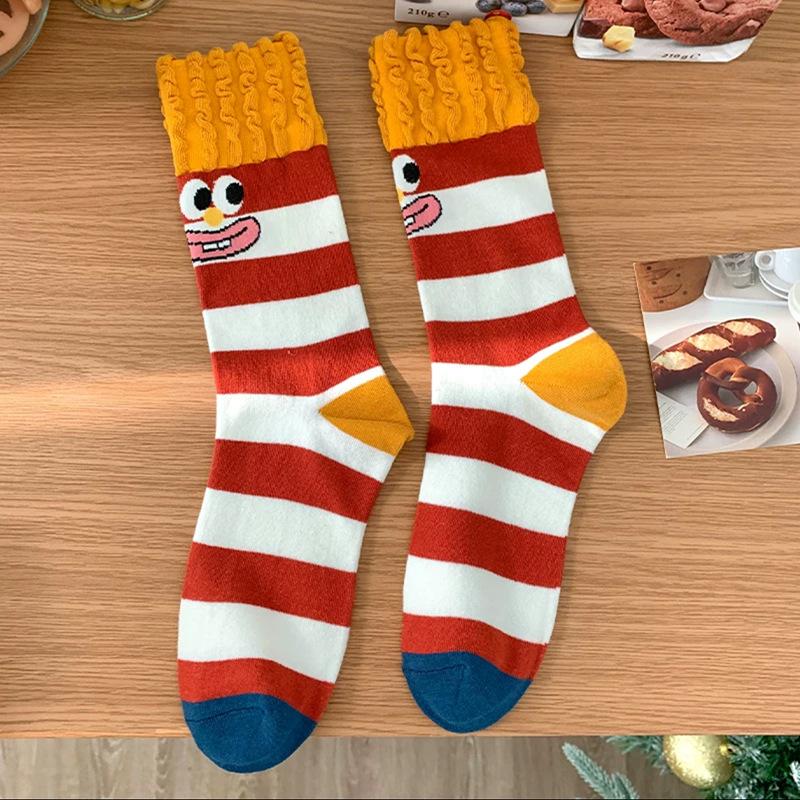 Socks Girls Are Cute And Funny, Cartoon Fries, Socks, Striped Socks, Pure Cotton Socks, Piles Of Socks