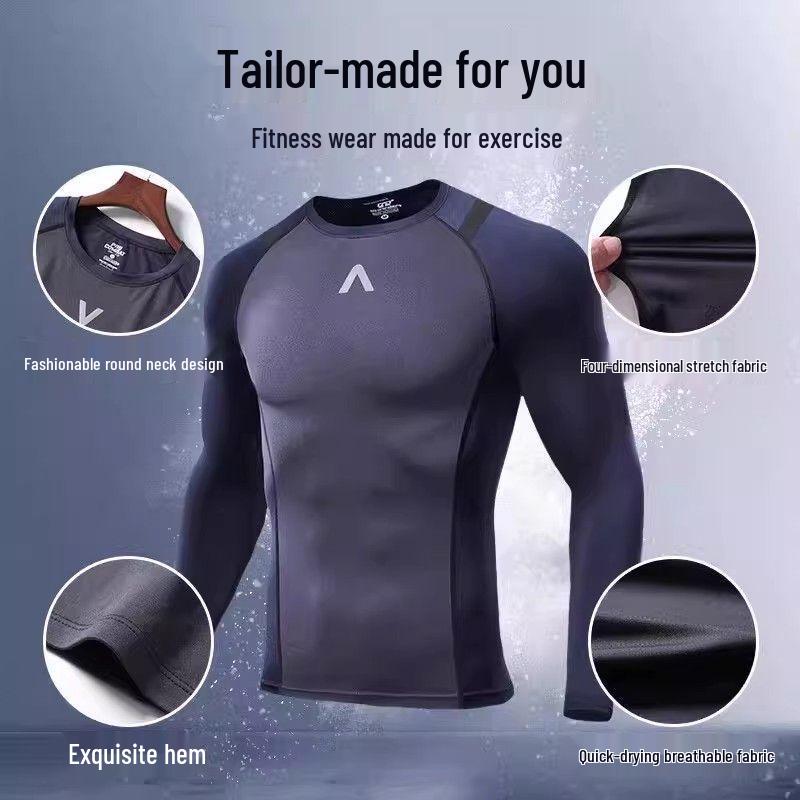 Men's Seamless Fitness Compression Top: Long Sleeve, Quick Dry, Elastic for Muscle Definition.