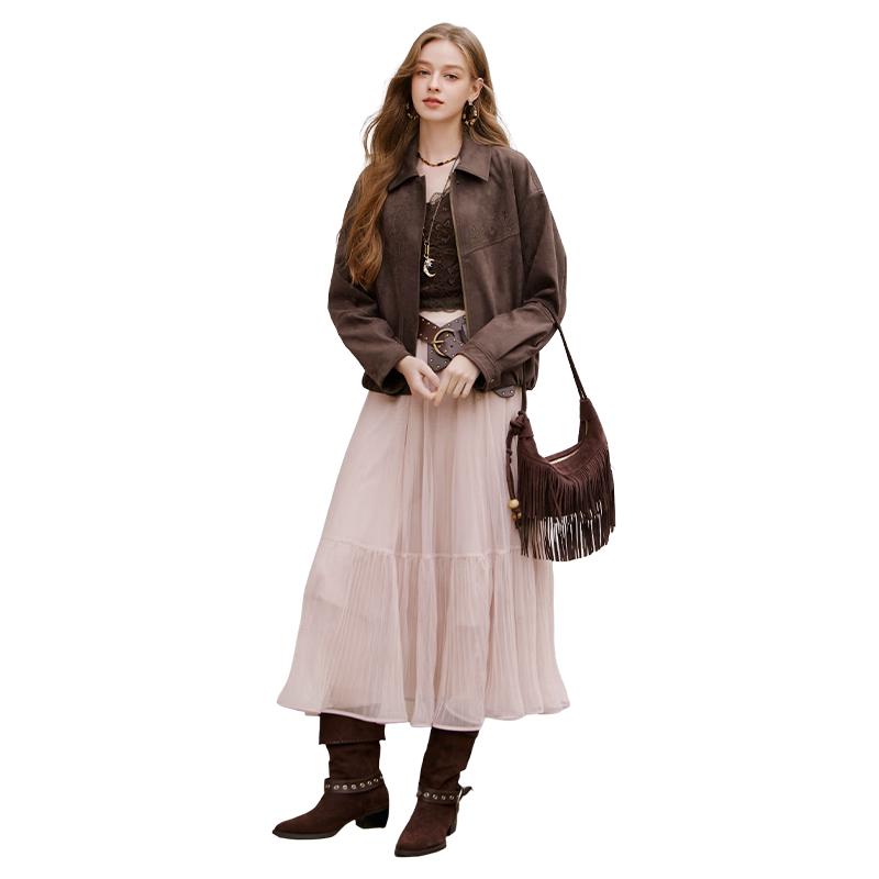 Xiangying Women s Pleated Mesh A-Line Midi Skirt L