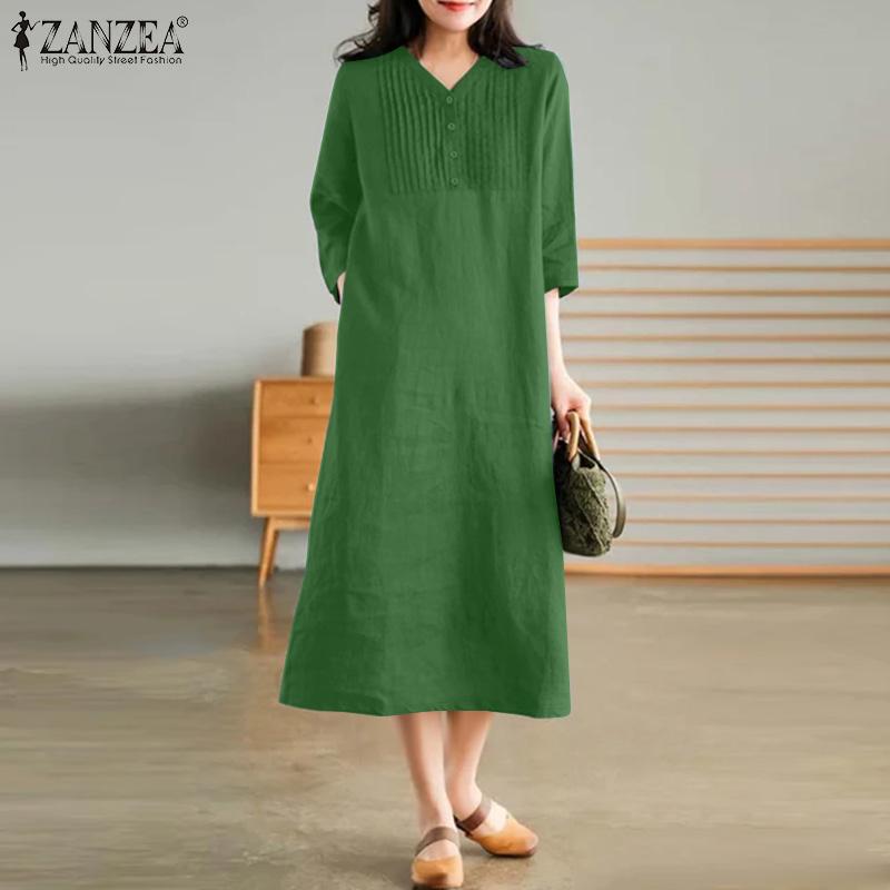 

ZANZEA Women Casual V-Neck 3/4 Sleeve Solid Color Loose Long Dress S зелений