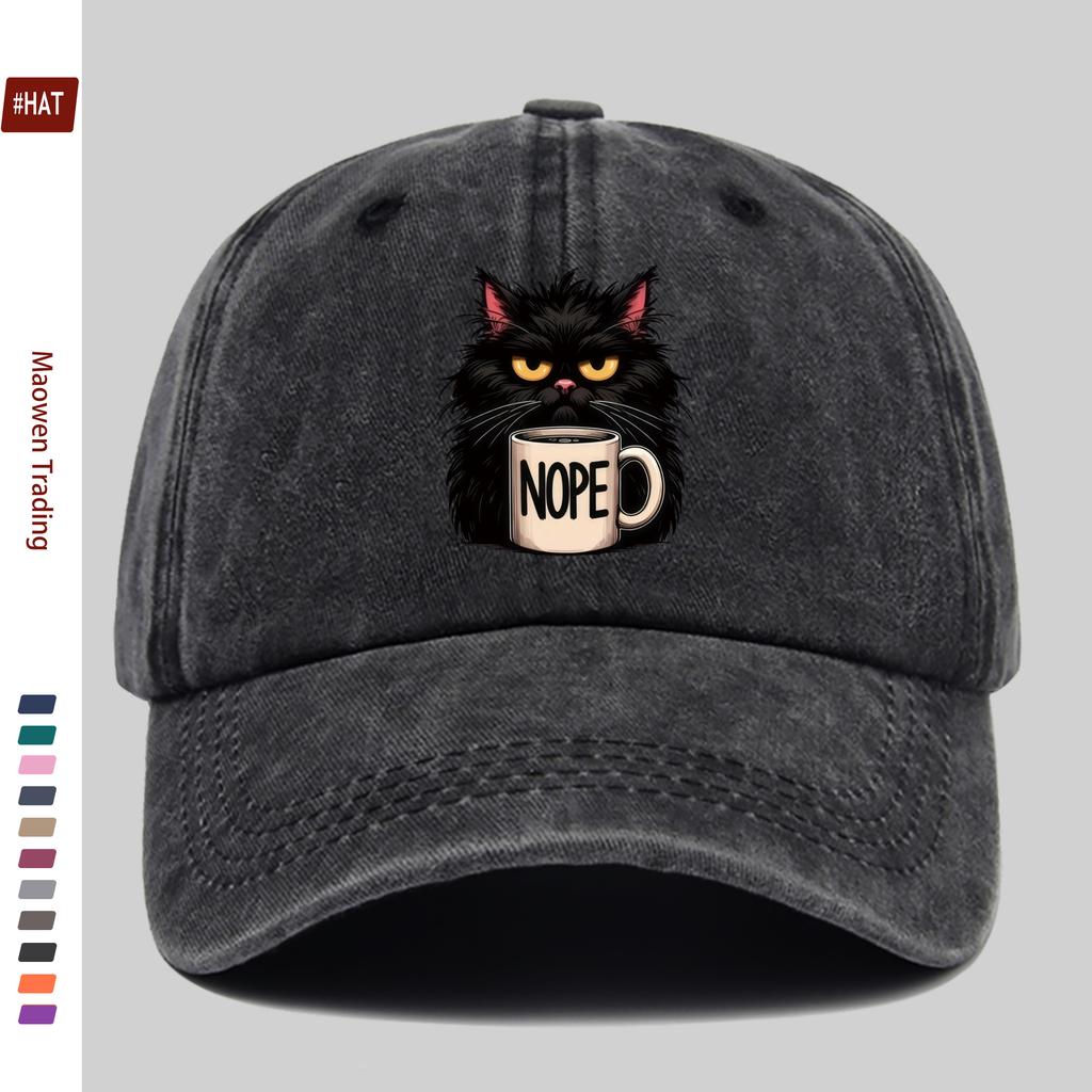 pc Black Cat With Coffee Cup Print Baseball Cap Adjustable Buckle Lightweight Polyester Ideal For Outdoor Activities Trav