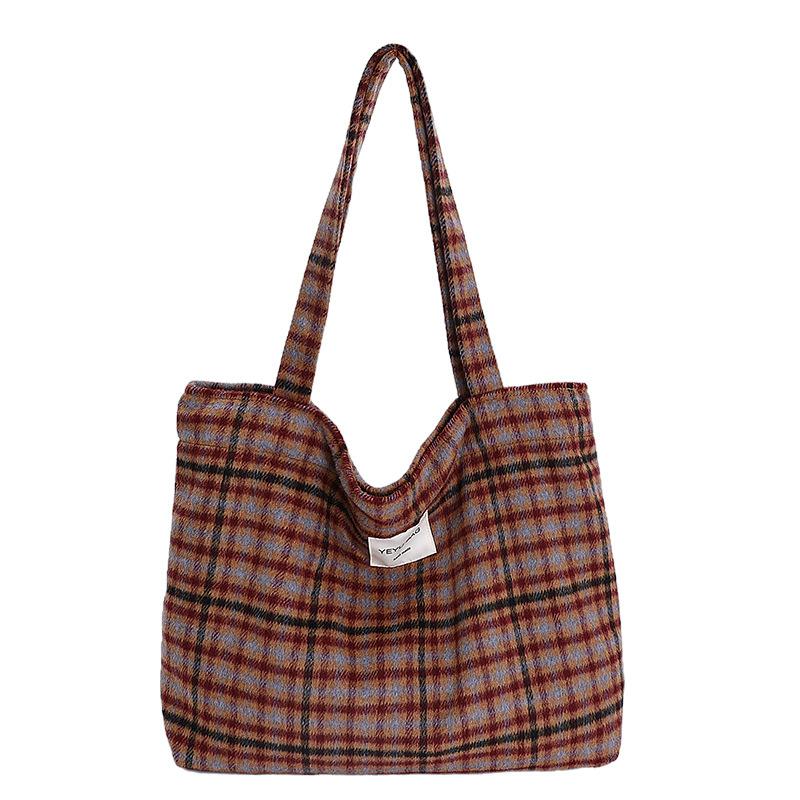Colored Plaid Women's Woolen Shoulder Bags Vintage Large Capacity Ladies Handle Canvas Tote College Style Girls Book Handbags
