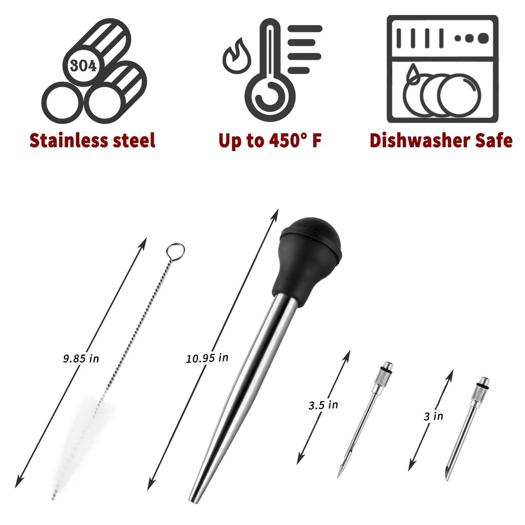 Turkey Baster Syringe for Cooking, Large Stainless Steel Meat Injector, with Cleaning Brush and 2 Marinade Needles