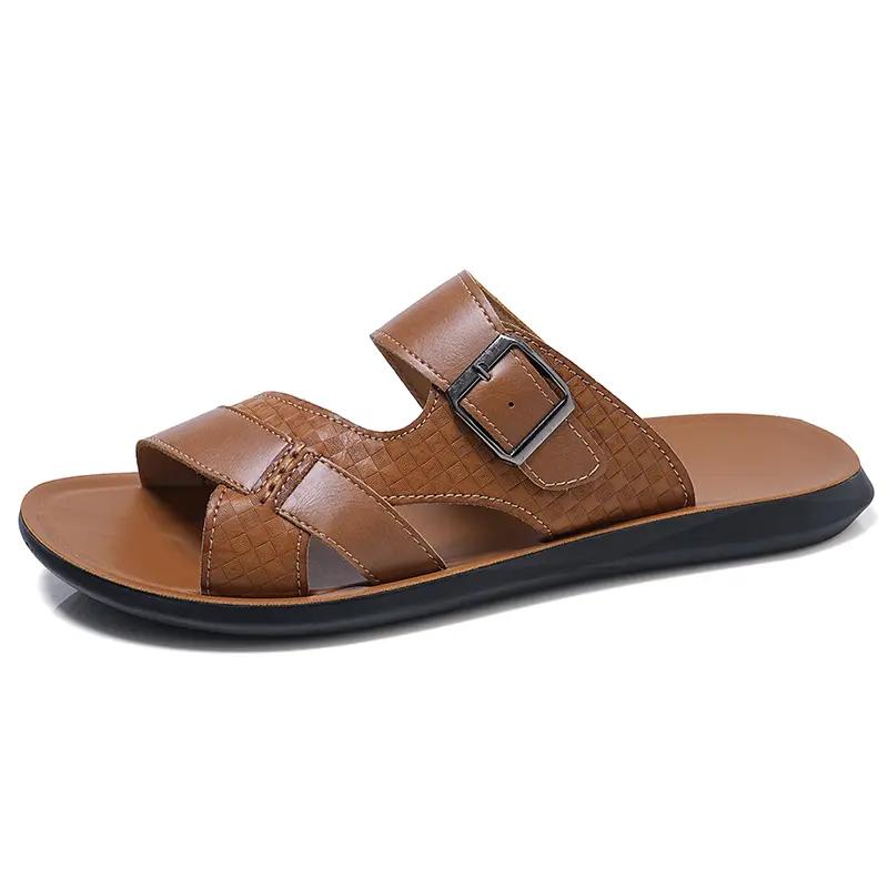 Men's Leather Slide Sandals Adjustable Buckle Casual Non-slip Summer Beach Slippers