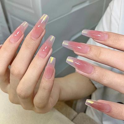 24 Pieces Pure Desire Simple Aurora Glitter Long Ballet Nail Ice Transparent White Nail Piece Fake Nail Fairy Full Muse