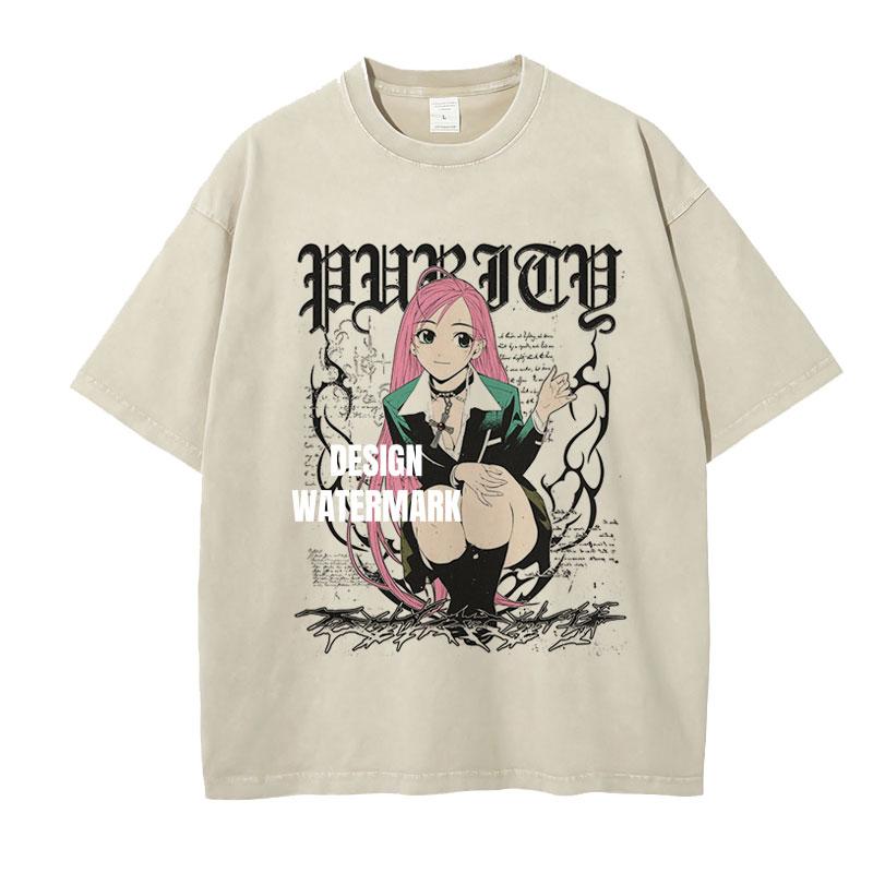 Anime Rosario to VVampire Tshirts Oversized Vintage Washed Akashiya Moka T Shirt Short Sleeve Manga Tops Tees Girl 100 Cotton S