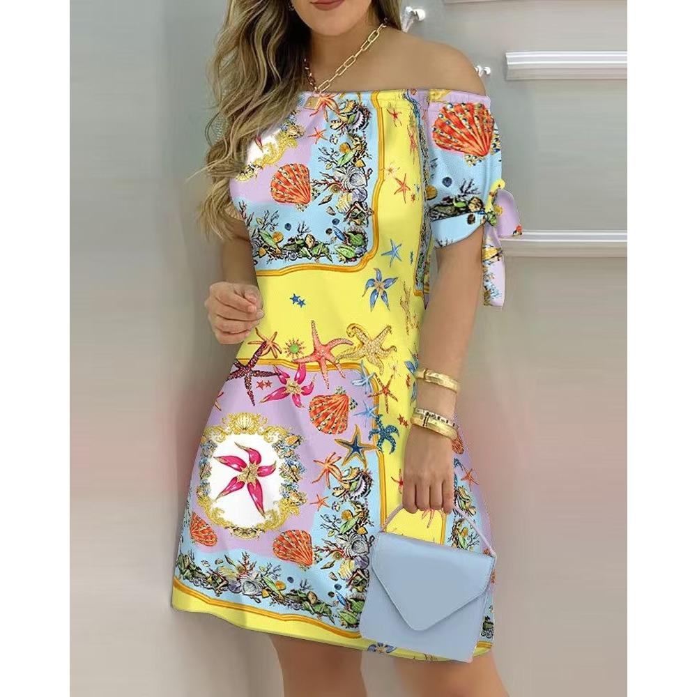 Women's Fashion Summer Spring Solid Color Print Short Sleeve One Shoulder High Waist Casual Dresses