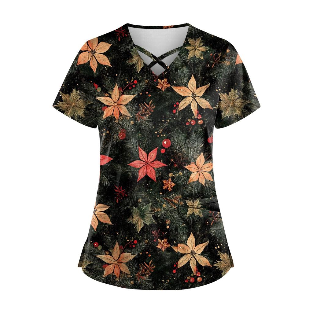 Kvinners Juletrykk Uniform Arbeidsuniform V-hals Pocket Protective Work Uniform
