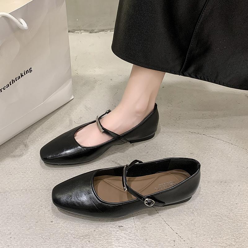 French square head Mary Jane shoes women's flat 2025 spring retro style soft leather low-heeled single shoes light mouth fashion women's shoes