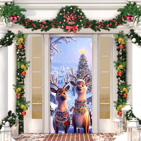 Christmas Door Cover Cute Reindeer Front Door Cover 35x82in Porch Welcome Sign Banner for Winter Holiday Party Photo Backdrop Decor