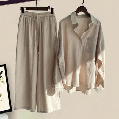 Yousheng Women Two Piece Shirt Set Button Down Long Sleeve Shirt Wide Leg Pants Set Casual Cotton Lounge Outfit Suit for Spring Summer