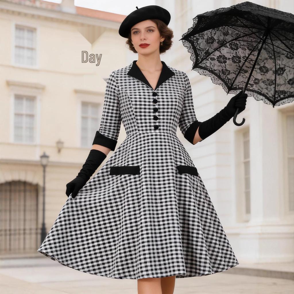 Spring 2026 European and American Women's Seven-Sleeve Black & White Plaid Lapel Dress