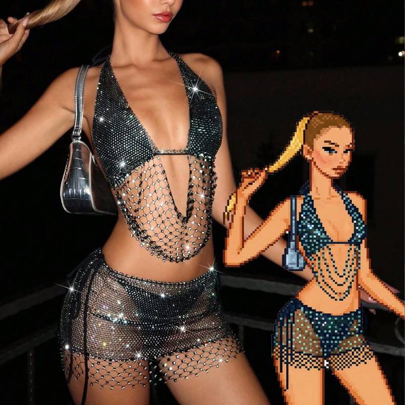Geometric Pattern Sleeveless Mini Skirt Set With Glittering Mesh Top For Party Performance