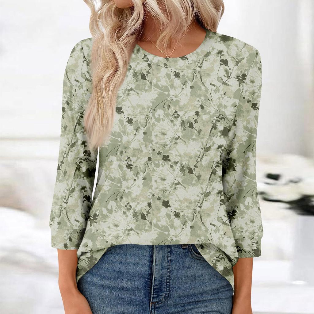Damenmode, lässig, Rundhalsausschnitt, 3/4-Ärmel, lockeres bedrucktes T-Shirt, Damen-Top
