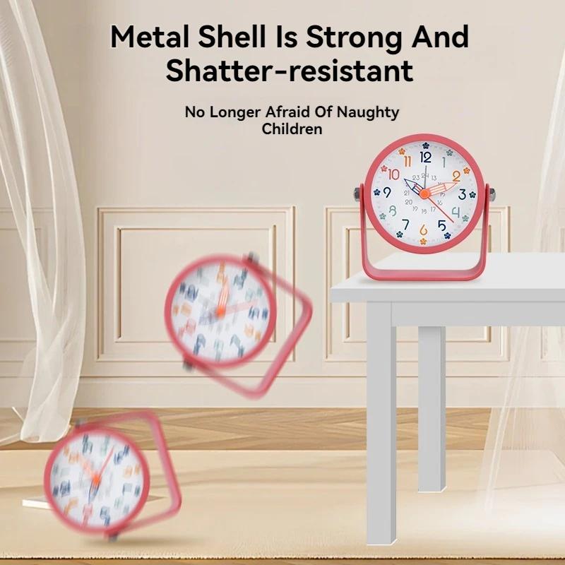 Silent Metal Alarm Clock with Night Light & Educational Features, Minimalist Quartz Clock for Student Desk and Office Decor