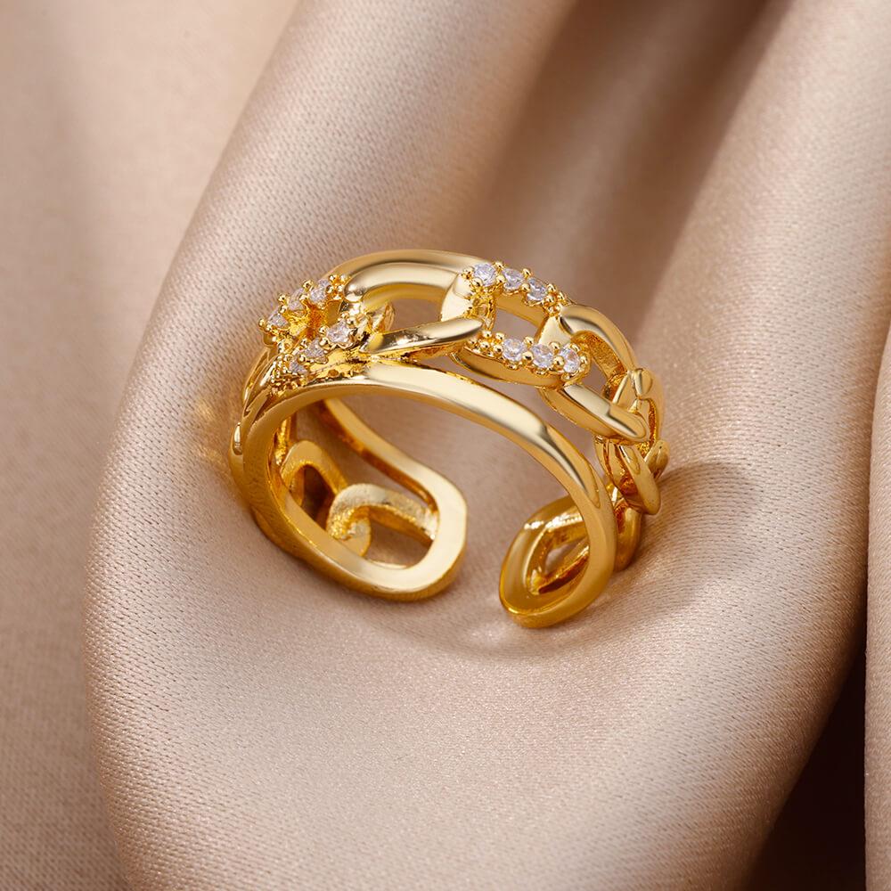 18K Gold Plated Open Ring with Zirconia Leaf Design - Luxurious, Non-Fading, Ideal for Women
