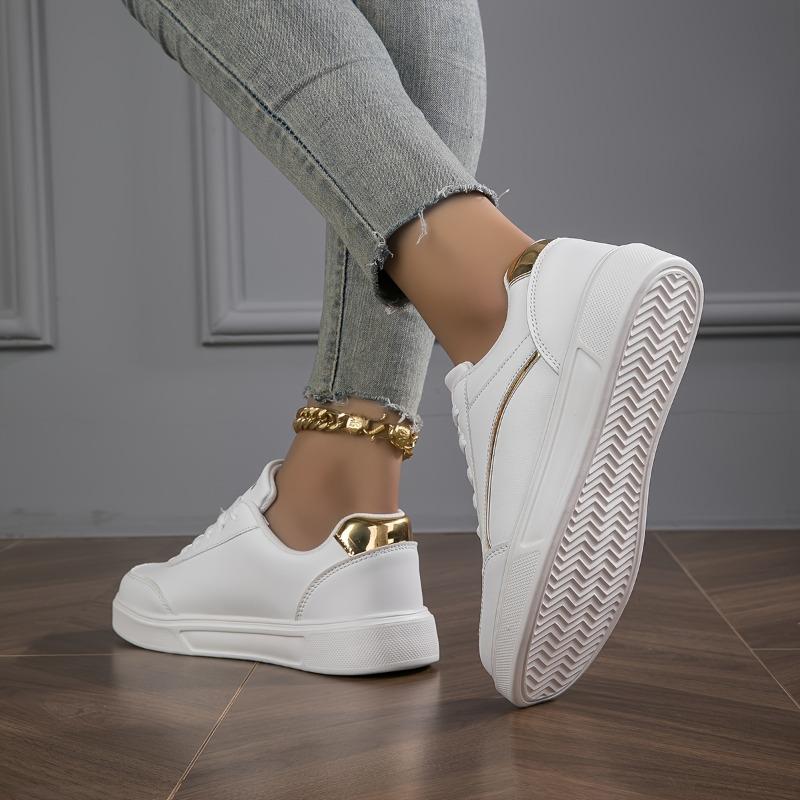 [Luxury Sneakers] High Quality Women's White Casual Sneakers | Comfortable Low-Top Lace-Up Skate Shoes with Golden Accents, Breathable for All Seasons